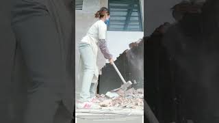 Amazing Process Of A Skinny Woman Using A Hammer To Demolish A Wall [upl. by Mokas]