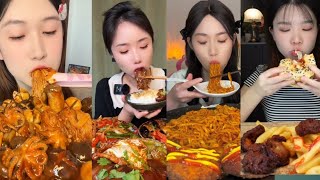 Asmr spicy sea food noodles meat amp burger  Asmr mukbang [upl. by Sandell]