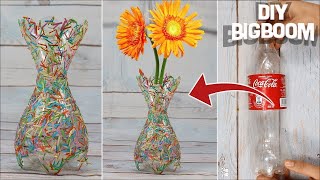 How to make flower vase with plastic bottle amp Paper  Supper quicky amp Easy  DBB [upl. by Fidelio]