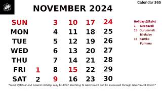 November Calendar 2024  November 2024 Calendar with Holidays  India 📅 Calendar 365 📅 [upl. by Sokin]