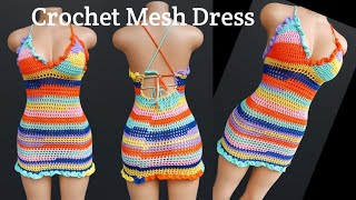 Crochet mesh dress tutorial  crochet dress with ruffles  crochet scrap yarn dress [upl. by Darsie]