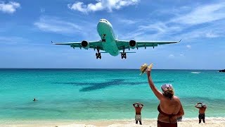 Very low pass  Maho Beach Sint Maarten SXM 🇸🇽 Plane Spotting  Princess Juliana Airport close up [upl. by Konikow]