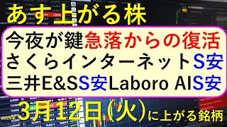 あす上がる株 2024年３月１２日（火）に上がる銘柄 ～最新の日本株での株式投資。初心者でも。日本株が急落、NVIDIAが半導体株・AI関連銘柄に波及。さくらインターネット、三井EampSがストップ安～ [upl. by Samantha]