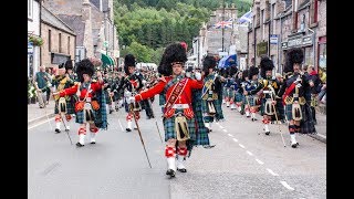 Massed Pipes amp Drums parade through Deeside town to start the Ballater Highland Games 2018 [upl. by Massimiliano]