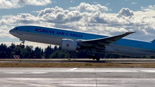 Korean Air Cargo 777F Takeoff From SeattleTacoma International Airport [upl. by Henriques]