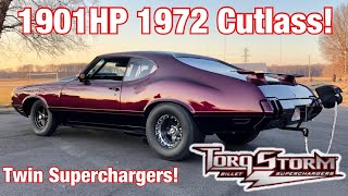 1901 HP Torqstorm Supercharged Olds Cutlass Steve Morris Built 565 CI BBC Twin Superchargers [upl. by Ynnos]