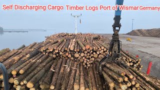 Port of Wismar Germany Self Discharging Cargo Timber Logs Discharge by Shore Truck [upl. by Nnylamme]