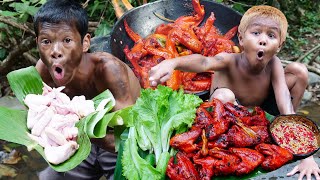 Primitive Technology  Kmeng Prey  Cooking Chicken Wing Recipe Eating Delicious [upl. by Yntrok]