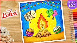 How to draw Lohri Drawing for Beginners  Celebrating Indian festival Lohri with Art [upl. by Nosoj]