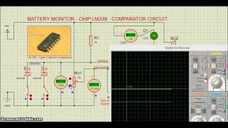 Proteus  IC LM339  Battery Monitor Circuit [upl. by Yelrebmyk]