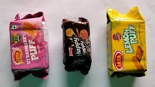 Strawberry Puff vs Happy Happy biscuit vs Lemon Puff 🍪  cookies  biscuit  asmr [upl. by Yuk728]