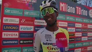 Biniam Girmay  Interview at the start  MilanoTorino 2023 [upl. by Polivy322]