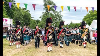 Drumtochty Highland Games 2018 afternoon parade by the massed Pipe Bands in Auchinblae Scotland [upl. by Greenberg737]