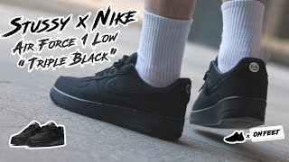 2023 ONFEET Stussy x Nike Air Force 1 Low quotTriple Blackquot Full Review [upl. by Edmondo]