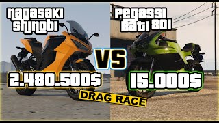 GTA 5 Online Nagasaki Shinobi VS Pegassi Bati 801 VS Hakuchou Drag race New Contract DLC bike [upl. by Ardisi]