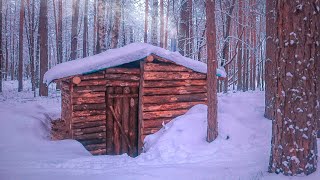 Tiny bushcraft cabin  Winter log cabin build Forest camp no talking bushcraft [upl. by Hartnett]