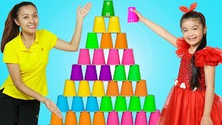 Hana Pretend Play w Giant Pyramid Cup Wall Stacking Game Challenge for Kids [upl. by Avle]