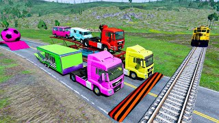 Double Flatbed Trailer Truck vs Speedbumps Train vs Cars  Tractor vs Train BeamngDrive 157 [upl. by Angus330]