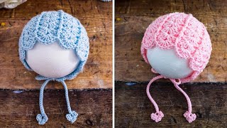 💝 Easy Crochet Baby Bonnet 🤗 Step by Step Tutorial for this Sweet Shell Stitch Hat [upl. by Davita436]