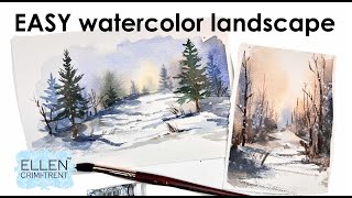 Watercolor Beginner Winter Landscape Tutorial [upl. by Leibman]