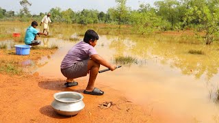 Fishing Video  Three people are fishing together in the forest pond of the village  Fish catching [upl. by Ardried]