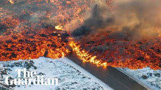 Iceland lava engulfs road forcing Blue Lagoon to close [upl. by Euqor]