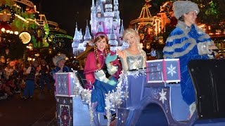 Mickeys Once Upon A Christmastime Parade at Very Merry Party 2014 w FROZEN Anna Elsa Olaf [upl. by Aleel]