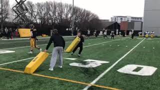 Iowa linebackers work on a tackling drill in Thursday’s practice [upl. by Seema]