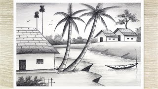 How to Draw Village Scenery with Pencil Sketch Nature Pencil Drawing for Beginners [upl. by Laurette]