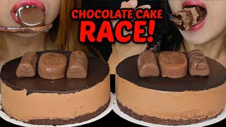 ASMR BIG CHOCOLATE CAKE RACE EATING COMPETITION FULL FACE REVEAL WINNER GETS FRIED CHICKEN FEAST [upl. by Flemings]