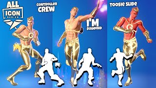 Golden TheGrefg Fortnite doing Controller Crew amp ALL ICON SERIES Emotes [upl. by Nnylyt]