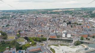 Namur Belgium Arrow at the confluence of the Sambre and Meuse rivers City Square d Armes Aeri [upl. by Lurline]