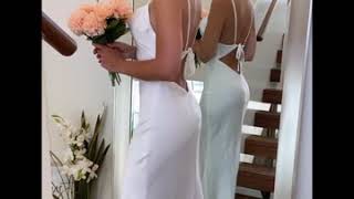 HEBEOS  Sheath Spaghetti Straps Silk like Satin Sleeveless Ruched SweepBrush Train Wedding Dresses [upl. by Zina471]