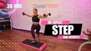 30Minute Step amp Strength NoRepeat Stepper Workout with Weights [upl. by Thorstein]