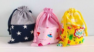 簡単でかわいい★裏付き切り替え巾着袋の作り方★コップ袋★Kcoton★ Drawstring bag tutorial★裏地つき巾着袋 [upl. by Nahta236]