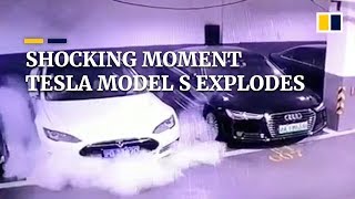 Shocking moment Tesla Model S explodes in a Chinese car park [upl. by Las]