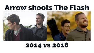 Arrow shoots Flash 2014 vs 2018 Oliver shoots Barry and Barry shoots Oliver Elseworlds [upl. by Panthia]