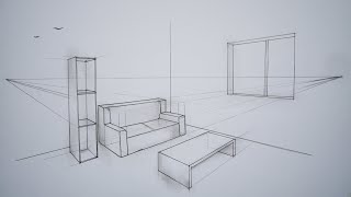 how to draw simple living room in 2 point perspective [upl. by O'Connell]