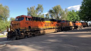 BNSF 7953 leads a lumber tanker grain train at Atwood Street Longmont Colorado [upl. by Nabroc]