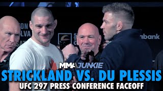 Sean Strickland Avoids Eye Contact With Dricus Du Plessis at Press Conference Faceoff  UFC 297 [upl. by Etnwahs]