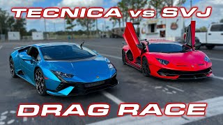 WHEELIE POPPING SVJ vs TECNICA  Lamborghini Aventador SVJ vs Huracan Tecnica 14 Mile Drag Race [upl. by Itram]