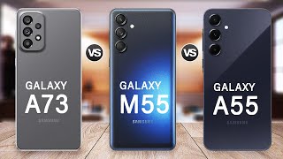 Samsung Galaxy M55 Vs Galaxy A55 Vs Galaxy A73 Specs Review [upl. by Aissatsana584]