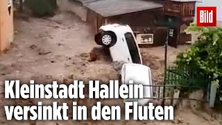 Unwetter in Österreich Kleinstadt Hallein versinkt in den Fluten [upl. by Anaujait]