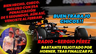 Radio  Sergio Pérez Es bastante Felicitado por Christian Horner tras finalizar P2 F1 radio [upl. by Nrol]