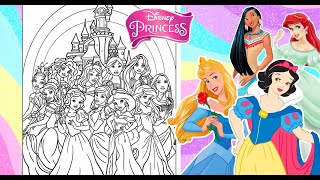 DISNEY PRINCESS Fun All Together Coloring Page Ariel Tiana Snow White Belle Jasmine Aurora Mulan [upl. by Sivart595]