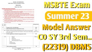 22329 Summer 2023 Model Answer  DBMS Solved Question paper CO SY 3rd Semester MSBTE Exam 23 [upl. by Atiuqihc]