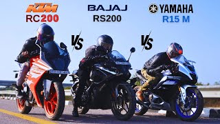 Triple Battle KTM RC 200 39 Teeth Sprocket vs Pulsar RS 200 vs Yamaha R15M  Unexpected Results 😲 [upl. by Olivann784]