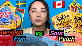 SURPRISING DISCOVERY CANDIES MADE IN CANADA FACE OFF SWEDISH FISH VS SOUR PATCH KIDS asmr 먹방 [upl. by Lamp999]