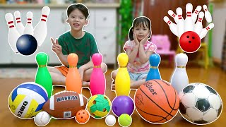 Kids Playing with Balls Compilation  Learn Different Sport Ball Names with Bowling Pins and More [upl. by Grath]