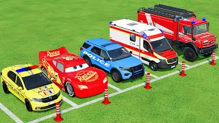 TRANSPORTING POLICE CARS AMBULANCE EMERGENCY WITH MAN TRUCKS  Farming Simulator 22 [upl. by Netsirhc]